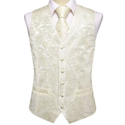 Designer Beige Champagne Ivory Khaki Mens Vest Necktie Set Jacquard Waistcoat Jacket Tie Hankerchief Cufflinks for Men Gift