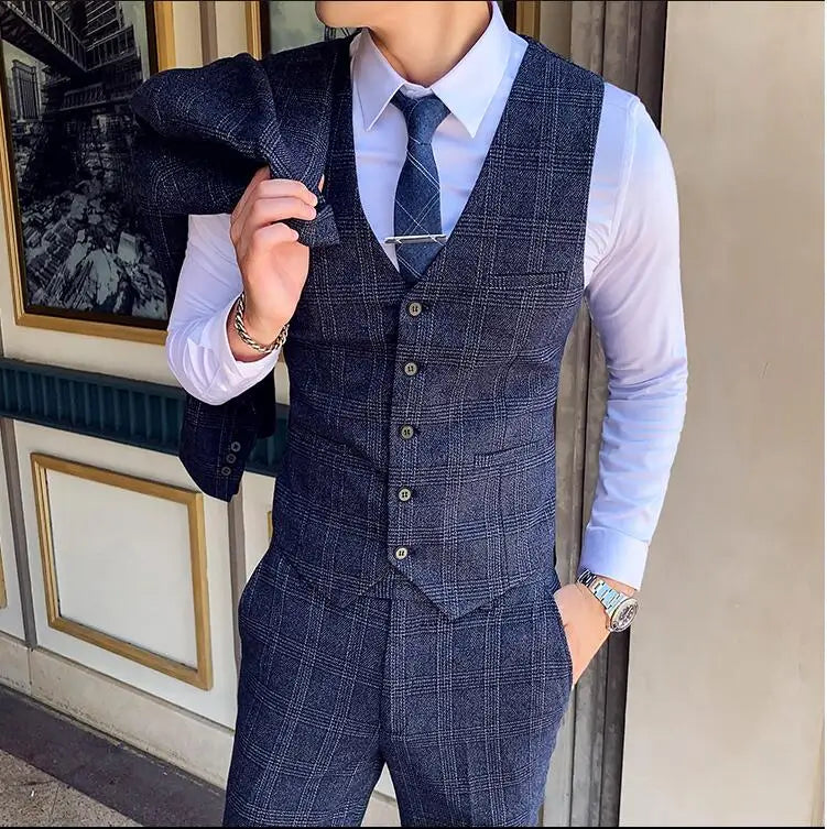 Coffee Brown Men Striped Plaid 3-Piece, Dark Blue Wedding Party Slim Fit Blazers Jacket and Vest with Pants, Asian Size M-5XL
