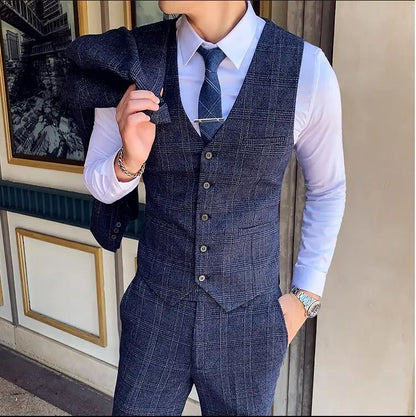 Coffee Brown Men Striped Plaid 3-Piece, Dark Blue Wedding Party Slim Fit Blazers Jacket and Vest with Pants, Asian Size M-5XL