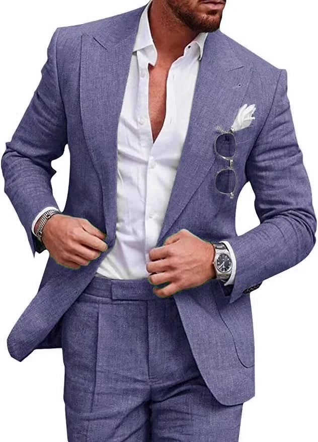 Linen Causal Men Suits for Beach Party Solid Color Business Two Pieces Wedding Tuxedo Set Peak Lapel Suit Jacket with Pants