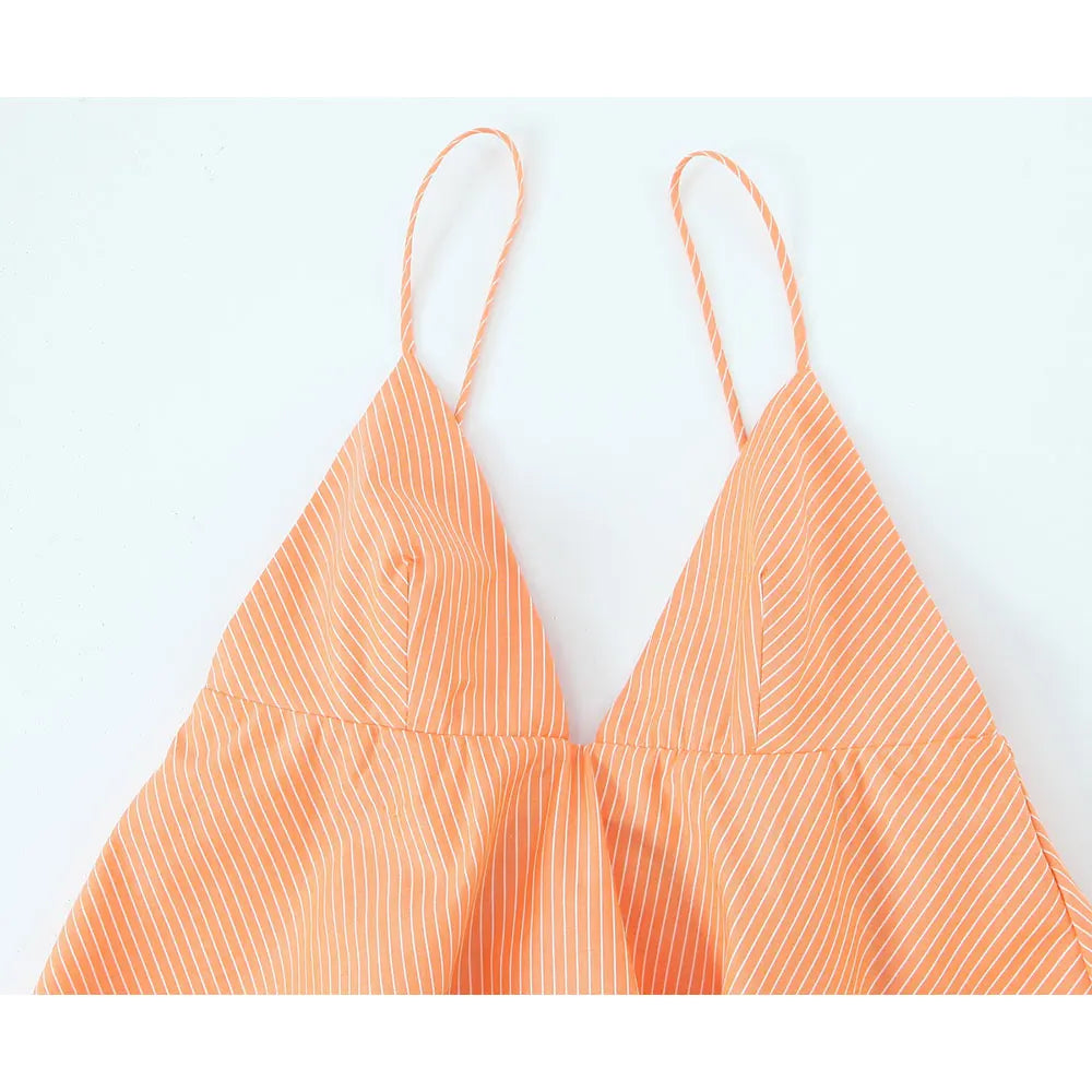 Women Summer Orange Striped Backless Zipper Mini Dress Thin Straps V-Neck Female Chic Lady Dresses Vestidos Para Mujer