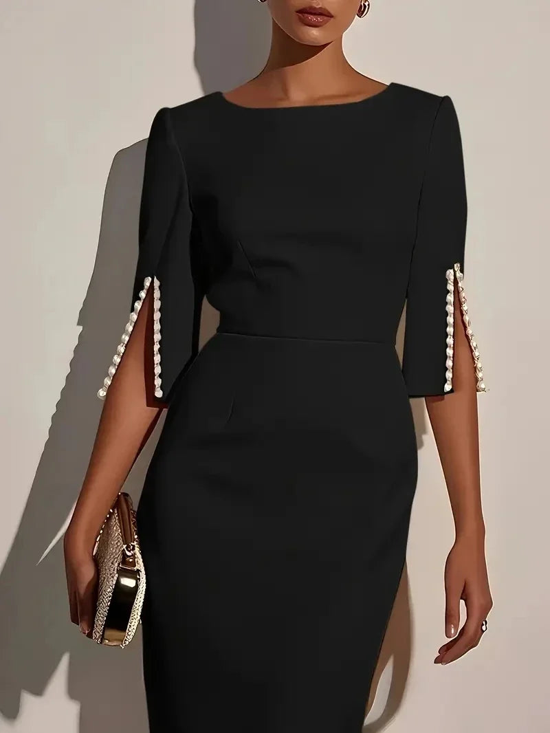 Women's Solid Color Elegant Round Neck Half Sleeve Beaded Decorated Slim Fit Midi Dress