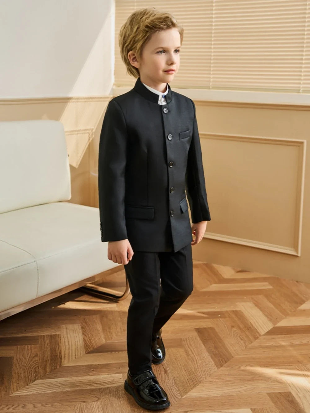 Formal Black Kids Stand-up Collar Suit Set 3 Pieces Jacket Shirt Pants School Choir Performance Stylish Boys Tuxedo Banquet Wear
