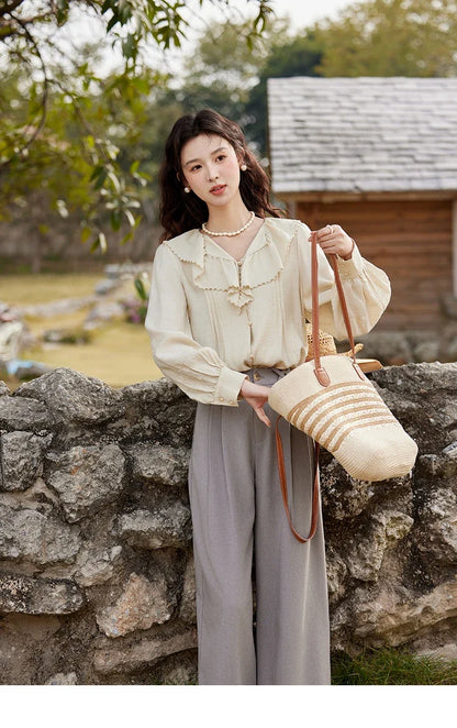 Lotus Leaf Collar Shirt Bubble Sleeves Pink Shirt for Women Spring 2025 Sweet Chiffon Top Temperament Shirts MXE12X1702
