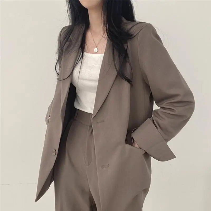 Casual Notch Lapel Suit Set with Button Thick Wide Leg Small Suit Pants High Waist Drape Polyester Business Lady Style Women