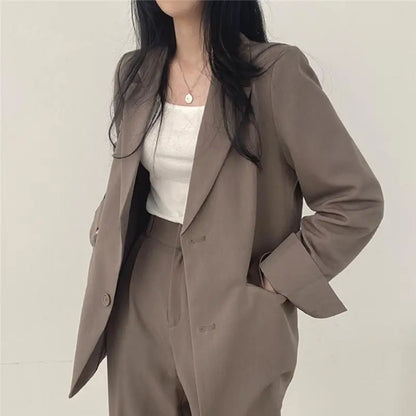 Casual Notch Lapel Suit Set with Button Thick Wide Leg Small Suit Pants High Waist Drape Polyester Business Lady Style Women