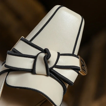 2025 French Style Genuine Leather Sandals Women Covered Toe Butterfly Knot Party Dating Sandals Office Ladies Pumps