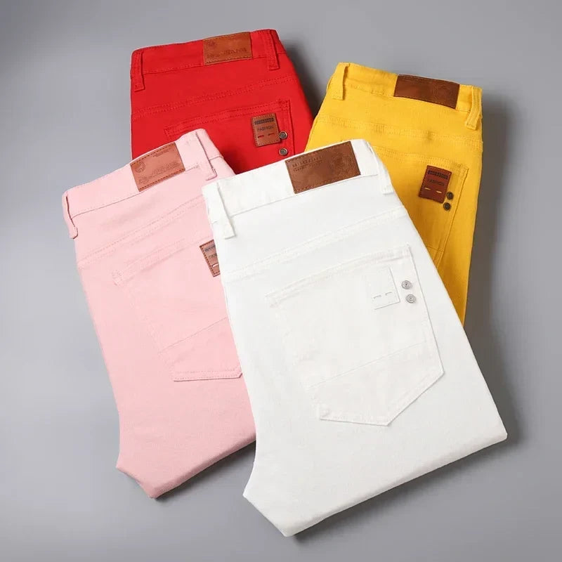 Men's Slim Fit Pants Casual Colorful 2025 Spring New Straight Trousers Men Cotton Stretch Fashion Pants Red Yellow Pink Blue