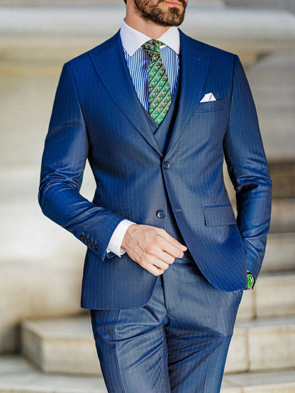 Blue Striped Tuxedo Blazer Vest Pants 3 Pieces For Formal Occasion Handsome Modern Peak Lapel Men's Business Suit Set Customized