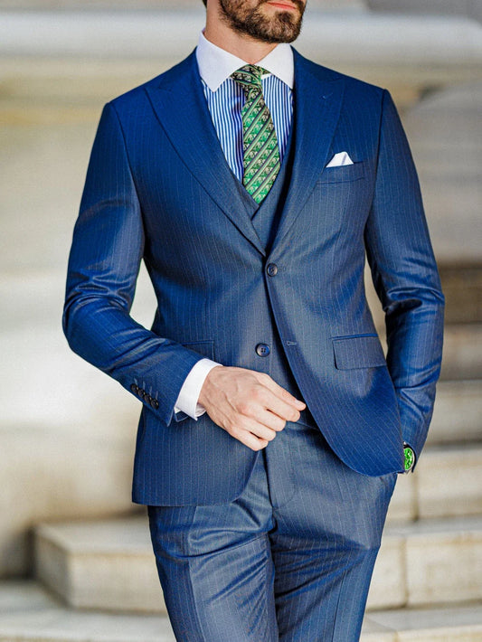Blue Striped Tuxedo Blazer Vest Pants 3 Pieces For Formal Occasion Handsome Modern Peak Lapel Men's Business Suit Set Customized