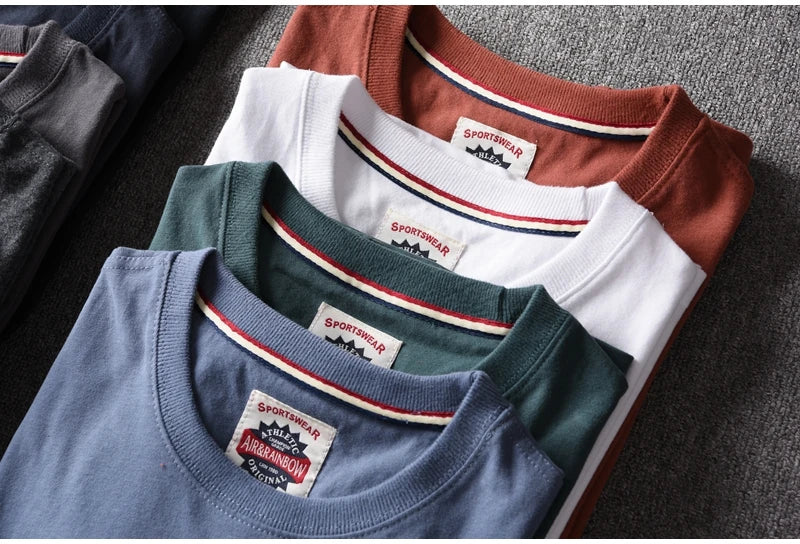 Summer New American Retro Short-sleeved O-neck Solid Color T-shirt Men's Fashion Simple 100% Cotton Washed Casual Sport Tops