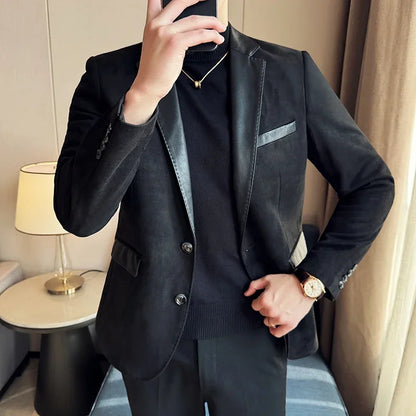 High Quality Deerskin Velvet Splicing Leather Collar Suit Blazers Men Casual Business Slim Coats Mens Social Wedding Clothing