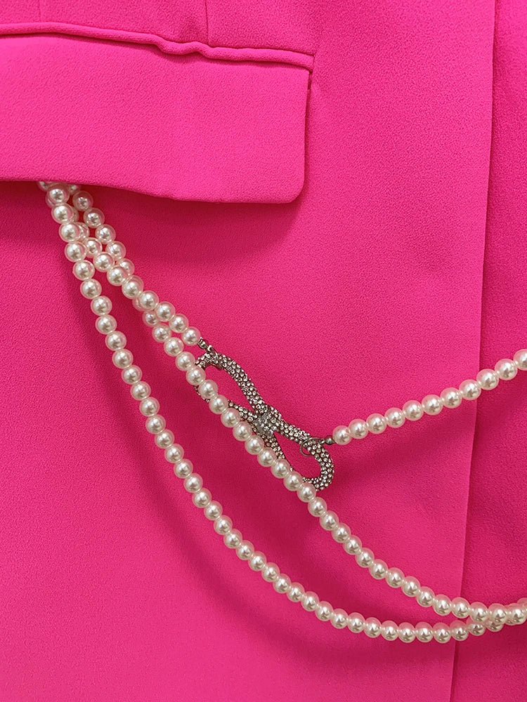 HIGH STREET Newest 2026 Designer Stylish Fashion Women's Pearls Chain Diamonds Beaded Hollow Out Bow Sleeve Blazer Dress