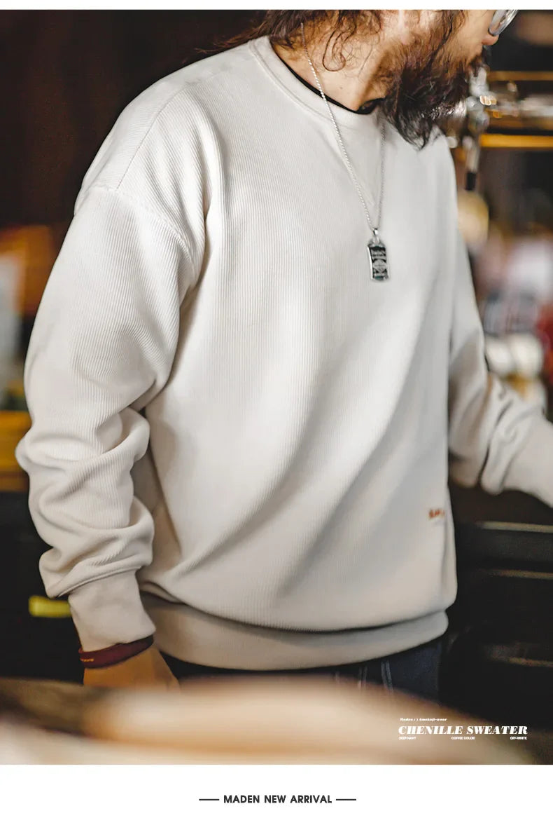 Heavyweight Round Collar Chenille Sweater for Men Spring and Autumn Basic Styles Long-sleeved Pullover Navy Blue T-shirts