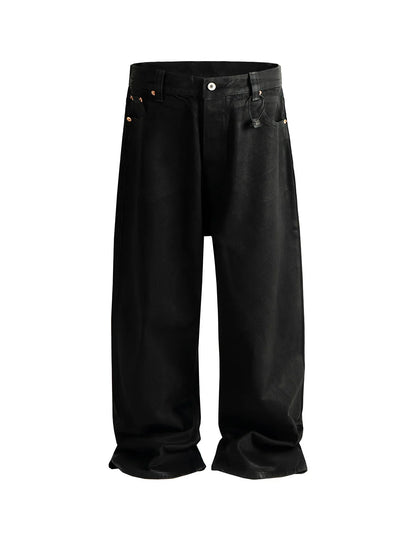 Men's Jeans Cotton Denim Casual Straight Leg Brush Wax Coating Black Pants ZJ086