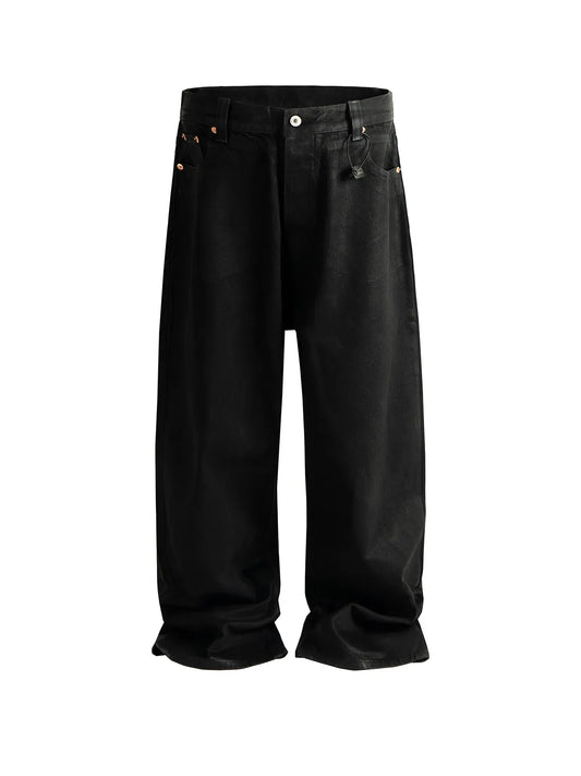 Men's Jeans Cotton Denim Casual Straight Leg Brush Wax Coating Black Pants ZJ086