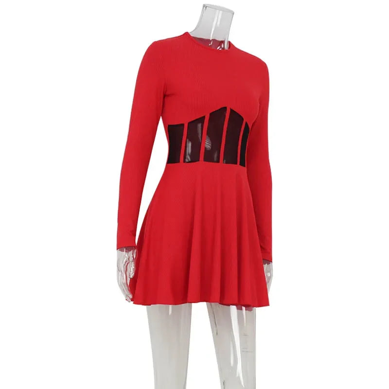 Fashion Solid Women's Mini Dresses A-Line Knitted Sheer Slim Fit Long Sleeves Bodycon O-Neck Party Streetwear Vestidos