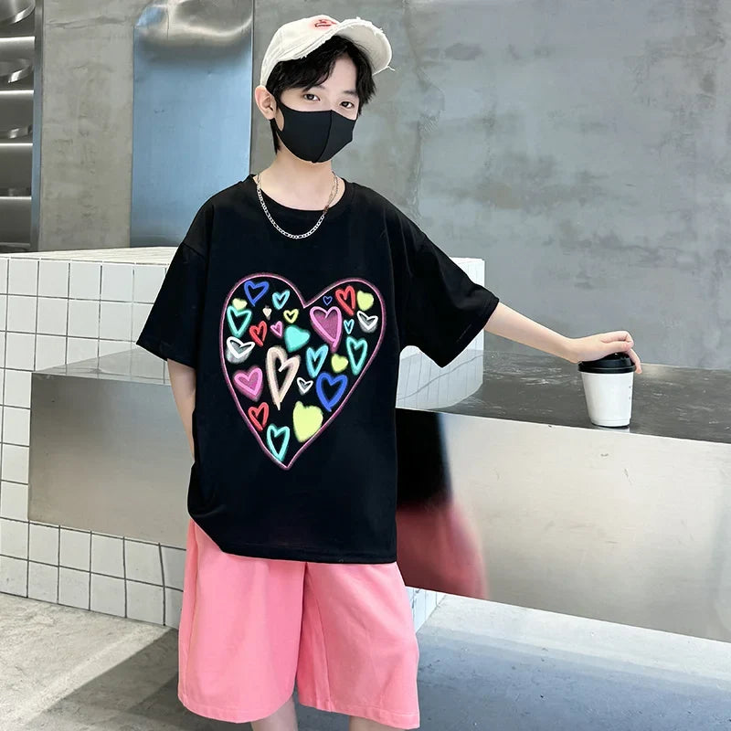 Summer Boys Suit Heart-Shaped Children Clothes Set for Kids Teenagers Casual Cotton T-shirt And Shorts 2 Pieces Tracksuit Child