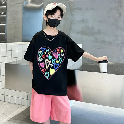 Summer Boys Suit Heart-Shaped Children Clothes Set for Kids Teenagers Casual Cotton T-shirt And Shorts 2 Pieces Tracksuit Child