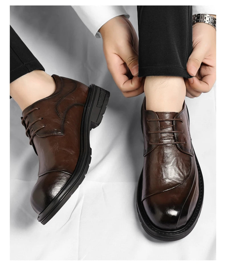 Brown Burnished Genuine Leather Lace Up Chunky Sole Formal Business Office Groom Wedding Daily Wear Shoes Fashion Comfortable