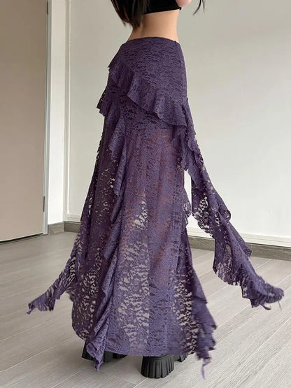 Women Tassel Skirt Irregular Hem Multi Layered Ruffles Lace Patchwork Sweet Summer Daily Wear Skinny Versatile Purple Skirt