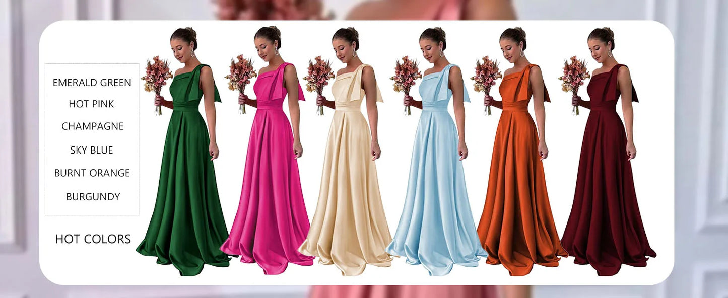 One Shoulder Large Bow Bridesmaid Dress with Pleated Satin and Pockets Simple ,Stylish Ball Dressadies' Guest One Shoulder Dress