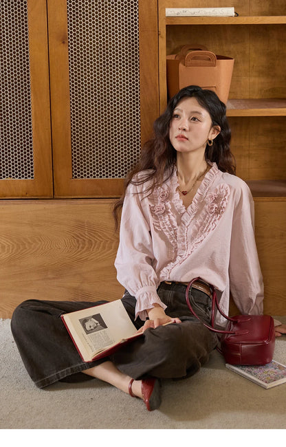Hand Sewn Rose Blouse for Women Autumn 2025 V-neck  Edible Tree Fungus Edge Tops Sweet Lantern Sleeves Blouses MXE44X2470