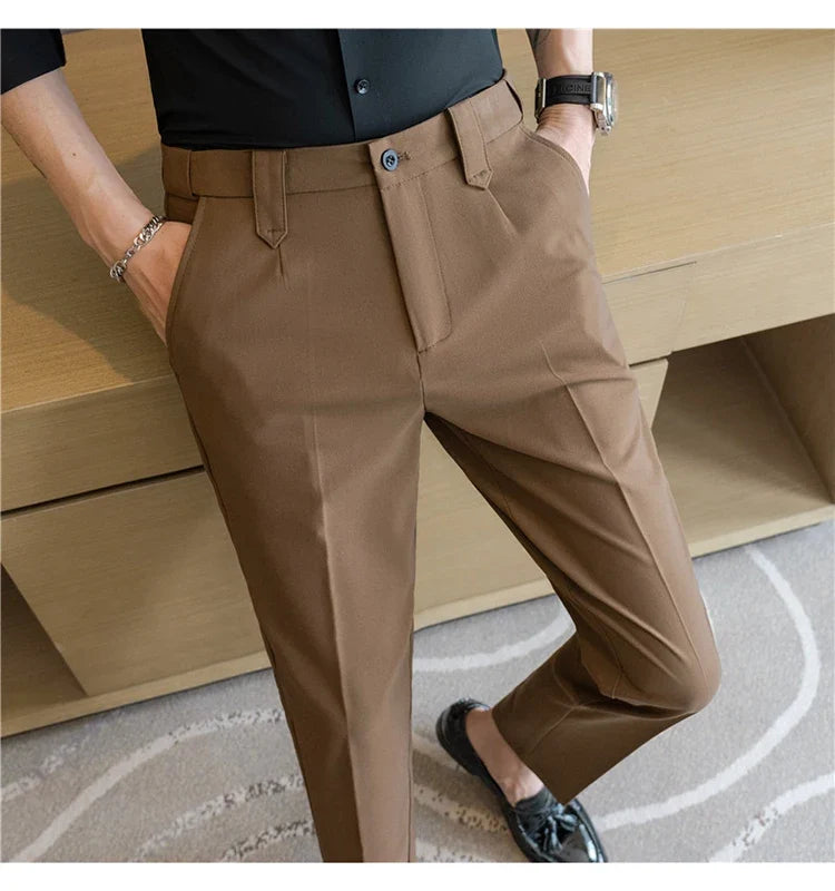 Elastic Waist Solid Color Suit Pants Men Formal Slim Fit Business Casual Trouser High Quality Social Wedding Fashion Dress Pant