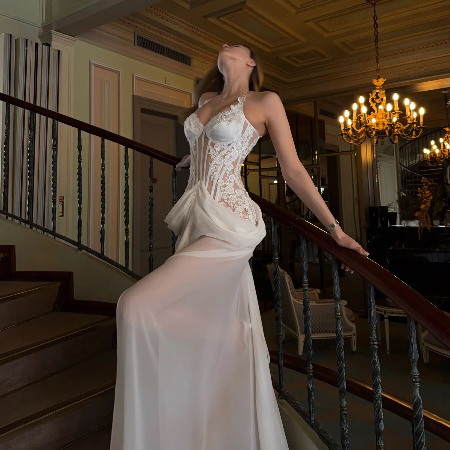 White Chiffon Mermaid Bridal Dress Halter Spaghetti Strap Bodice High Side Slit Lace Up Back Civil Engagement Party Wedding Gown