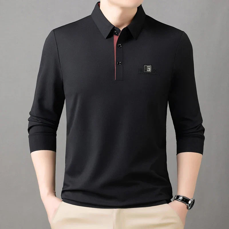 High End Brand Quality Men's Polo Shirt Autumn Exquisite Solid Color Letter Print Lapel Long Sleeve Business Classic Menswear