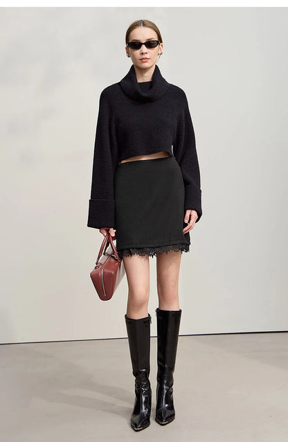Minimalist Mini Skirt 2025 Winter New Short Wool Warm Skirts For Women Patchwork Lace Casual Solid Clothing Ladies 12544125