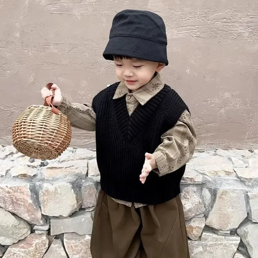 Korean Children Clothing Autumn Sets  Sweater Vest + Shirts+Pants 3Pcs Suit Spring Baby Soft Cotton Outfits Kid Casual Tracksuit