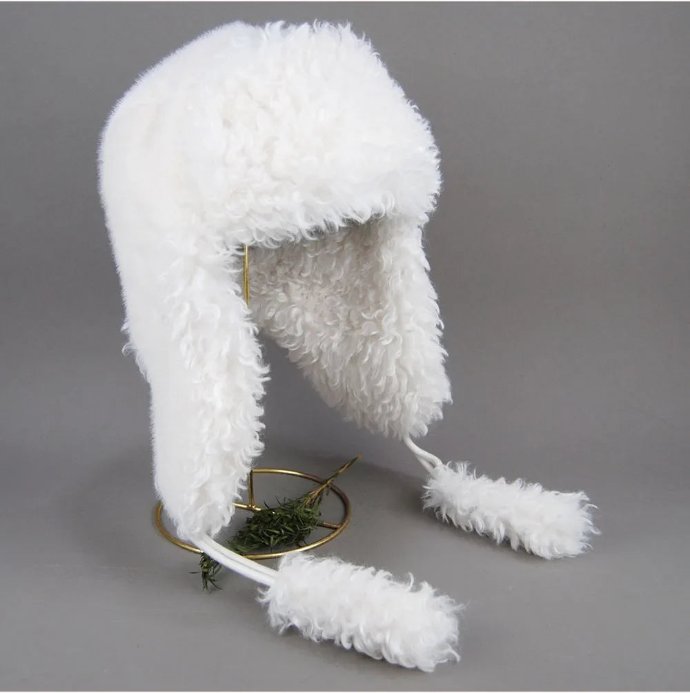 Real Fur Wool Hat Unisex New Winter Warm Bomber Russian Ushanka Hats With Ear Flaps Cow Leather Thick Snow Earflaps Baseball Cap