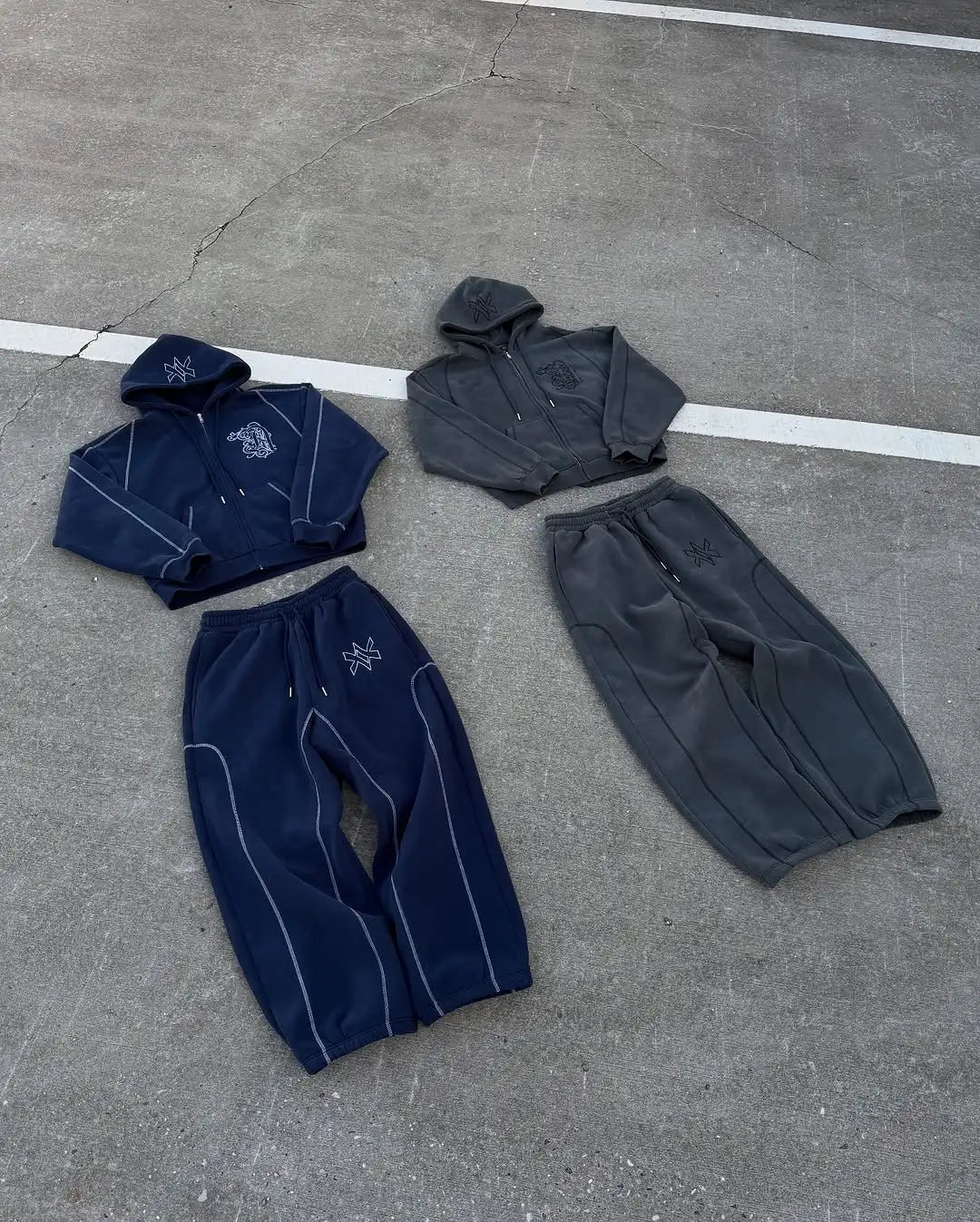 American Y2K Casual Zipper Hoodie Sweatpant Two Piece Set HipHop Oversized Embroidery Sweatshirts Men Women Casual Pants