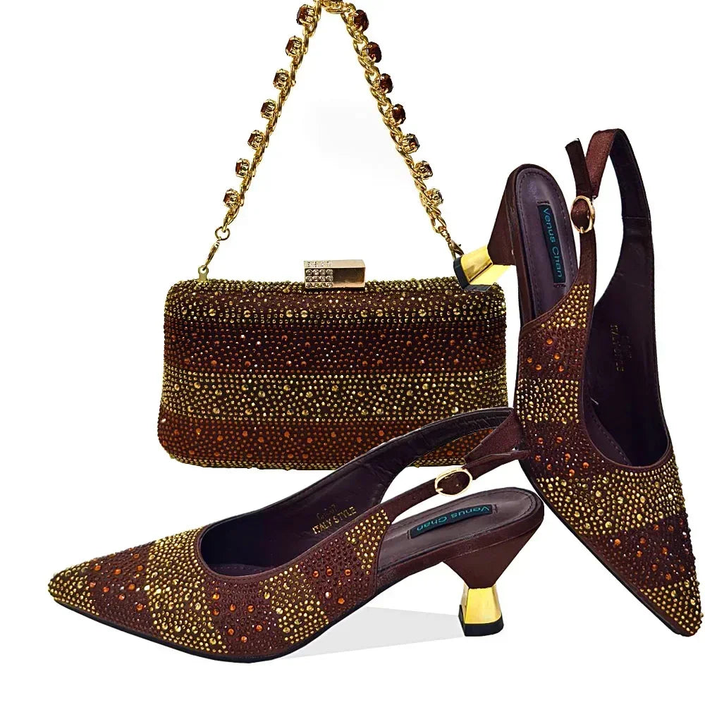 2024 Hot Selling INS Pointed-Toe Luxury Style High Heels Sandal With Bag Set in Gold Color For Wedding Party Women