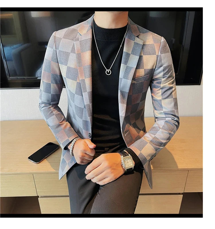 British Style Luxury Plaid Suit Jacket 2025 Spring New Men High-end Business Slim Blazers Groom Wedding Social Party Dress Coats
