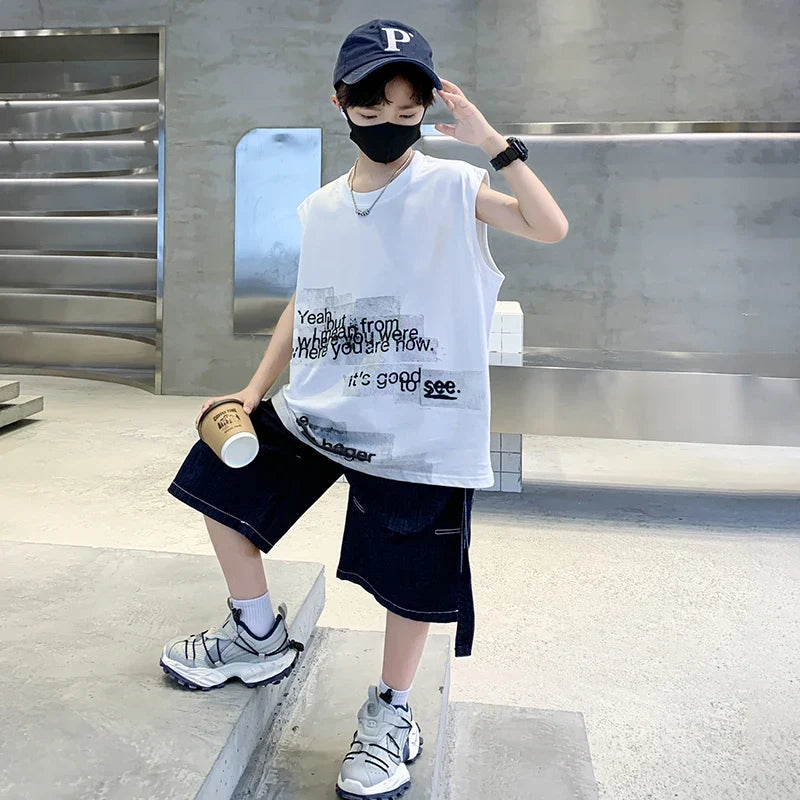New Summer Children High Quality Cotton Clothing Set for Kids Boy Sleeveless Tshirt And Denim Shorts 2 Pieces Top Bottom Suit