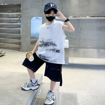New Summer Children High Quality Cotton Clothing Set for Kids Boy Sleeveless Tshirt And Denim Shorts 2 Pieces Top Bottom Suit