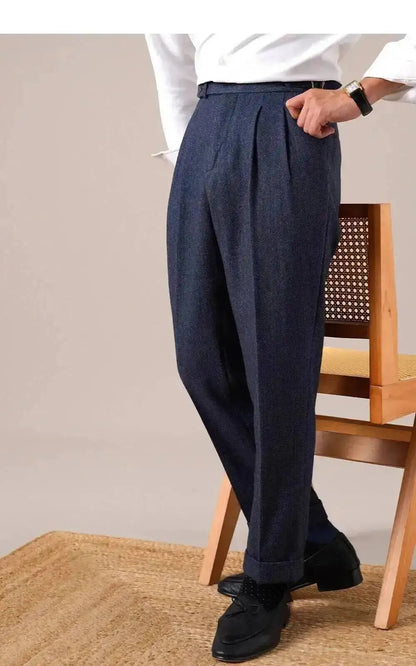 Autumn Herringbone Dress Pants For Men Naples Men's Wool Blend High Waist Social Casual Versatile Long Pants Office Trousers Men