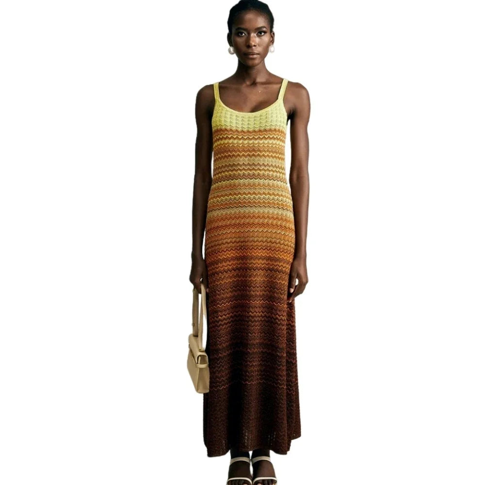 Luxury Brand Design Women Elegant Boho African Golden Sequins Maxi Sleeveless Evening Party Vacation Dress Knitted Lady Clothing
