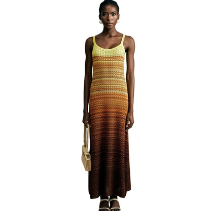 Luxury Brand Design Women Elegant Boho African Golden Sequins Maxi Sleeveless Evening Party Vacation Dress Knitted Lady Clothing