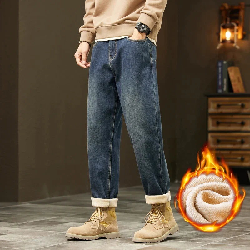 Retro Loose Winter Fleece Jeans Men's Warm Thicken Fashion Casual Denim Pants Comfortable Plush Velvet Thermal Male Trousers
