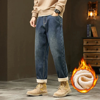 Retro Loose Winter Fleece Jeans Men's Warm Thicken Fashion Casual Denim Pants Comfortable Plush Velvet Thermal Male Trousers