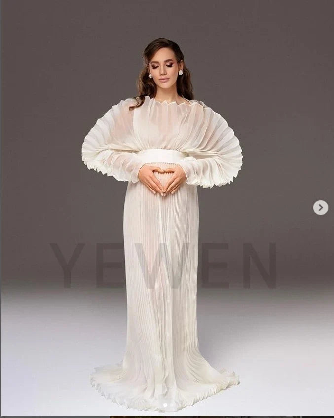 2026 Fashion Sheer Pleated Organza Maternity Dresses for Photoshoot Long Dress for Maternity Shoot Baby Shower Dresses YEWEN