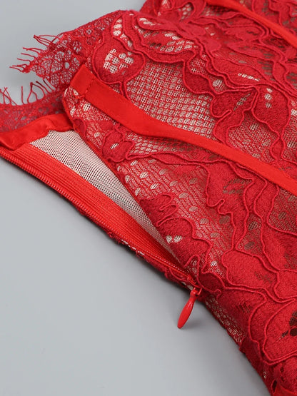 Christmas Dress For Women Red Lace Sexy Strapless Sleeveless Slim Supper Short Dress With Lace-Up