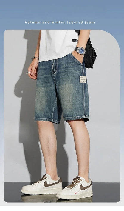 Summer Vintage Denim Shorts Men's Fashion Straight Casual Loose Streetwear Bermuda Jeans Male Short Pants Streetwear