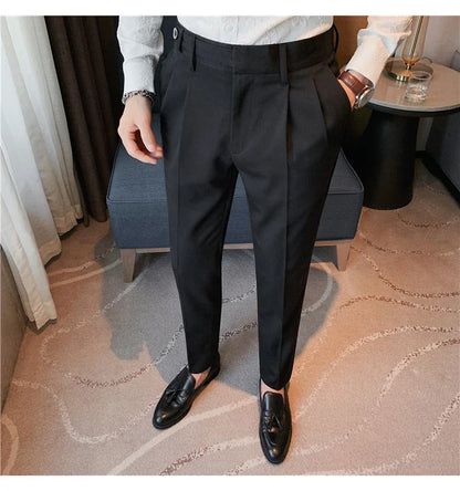 Autumn Winter High Quality Solid Casual Pants Men Belt Design Slim Fit Trousers Formal Office Business Social Party Suit Pants