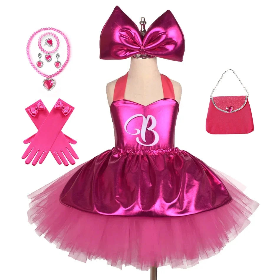 Princess Girls Rosy Knee Length Rose Red Tutu Dresses for Girl Letter B Birthday Party New Year Christmas Costumes Margot Robbie