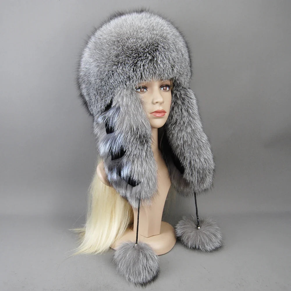 Hot Sale Lady Winter Warm Luxury 100% Natural Fox Fur Hat Fashion Fluffy Fox Fur Rex Rabbit Fur Caps Women Real Fur Bomber Hats