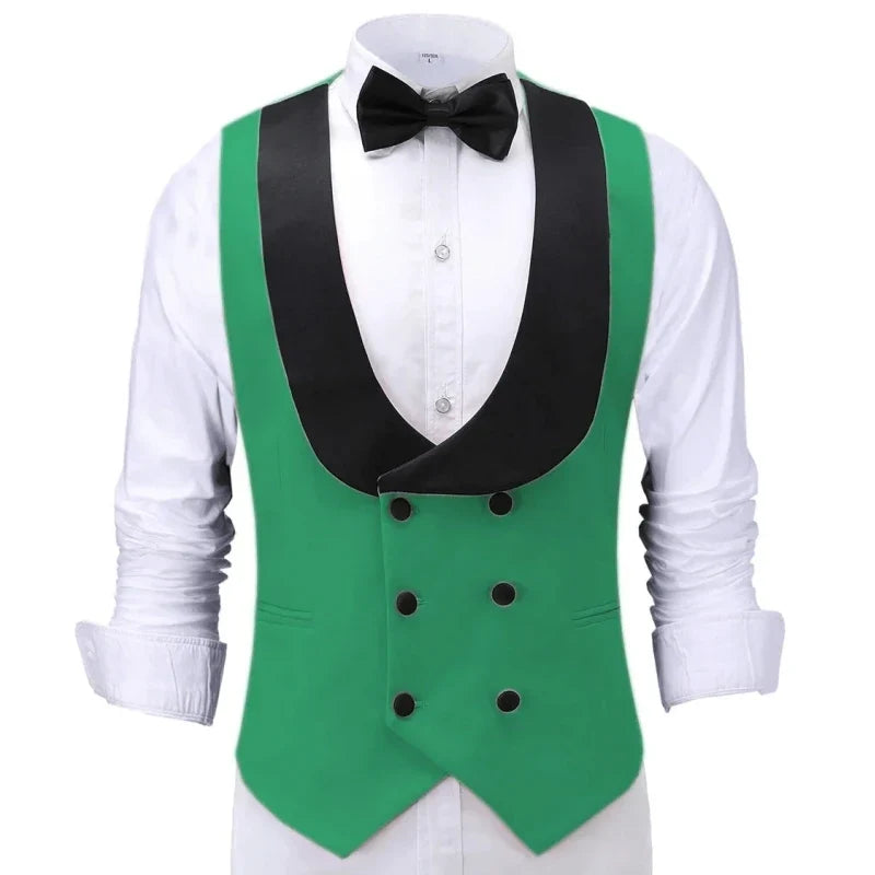 Men Vest Beige With Black Lapel Double Button Waistcoat For Banquet Birthday Wedding Business Work Formal Set Men Suit Vest
